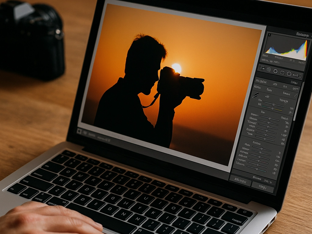 A laptop screen displaying a photo editing program with the silhouette of a photographer at sunset, highlighting digital manipulation. A laptop screen displaying a photo editing program with the silhouette of a photographer at sunset, highlighting digital manipulation.