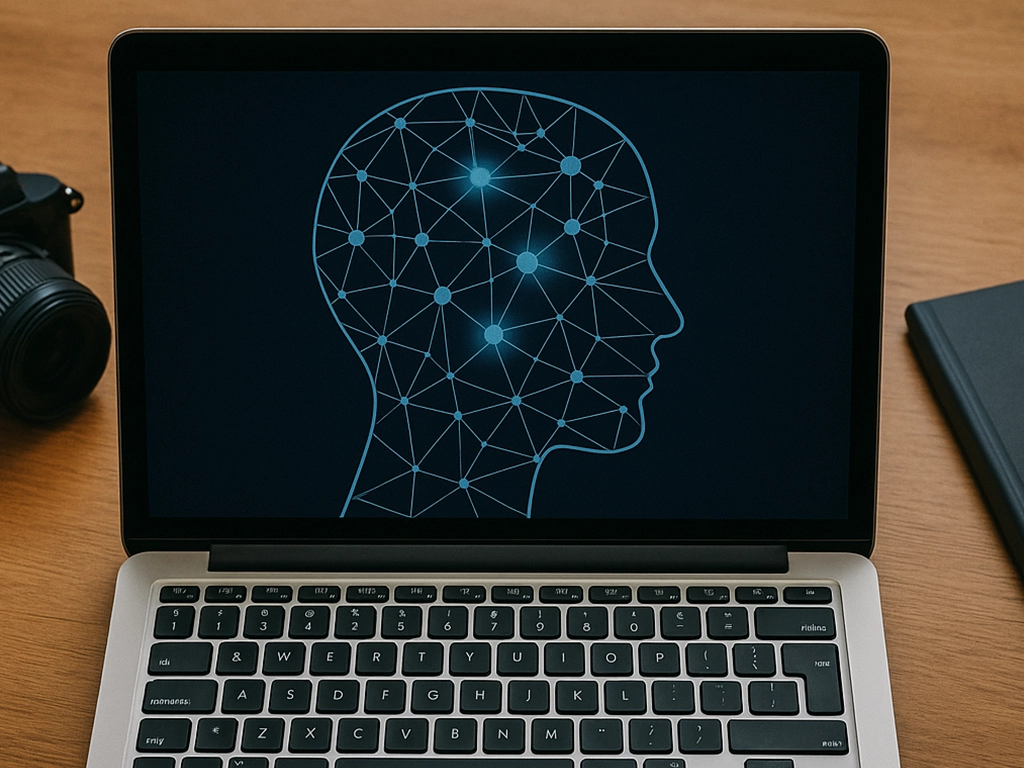 A computer screen showing a neural network in the shape of a human head, representing artificial intelligence technology. A computer screen showing a neural network in the shape of a human head, representing artificial intelligence technology.