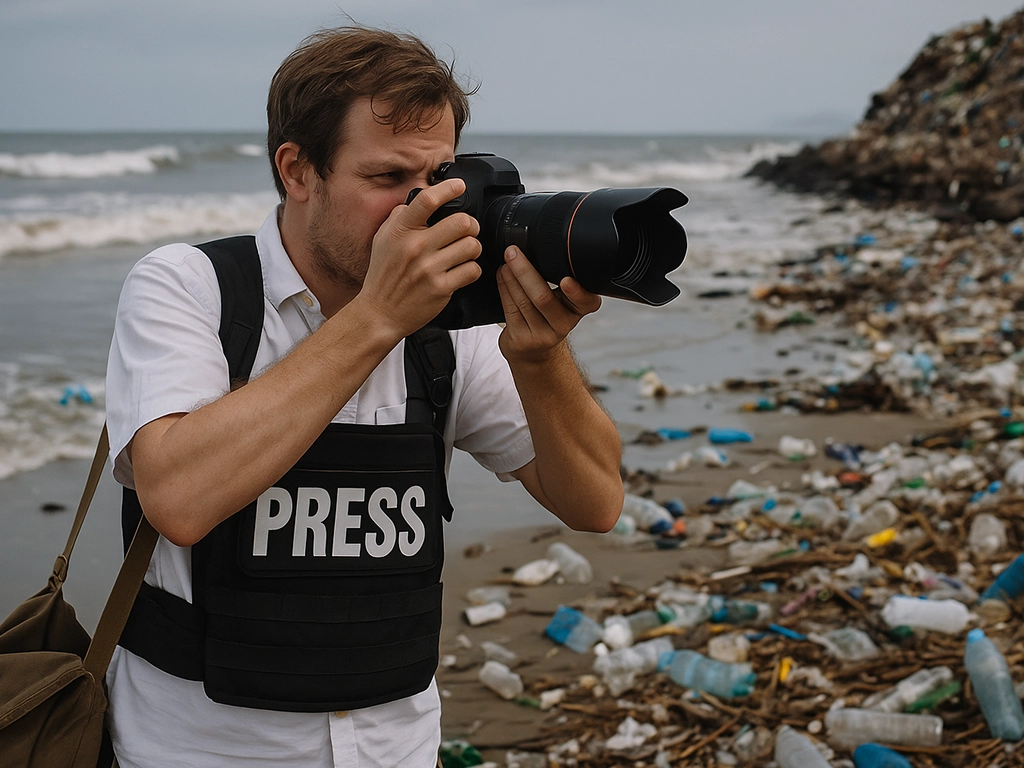 Photojournalist wearing a press vest photographs plastic pollution along a heavily contaminated beach. Photojournalist wearing a press vest photographs plastic pollution along a heavily contaminated beach.