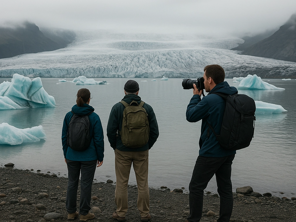 Group of environmental photographers observing and documenting glacial landscapes affected by climate change. Group of environmental photographers observing and documenting glacial landscapes affected by climate change.