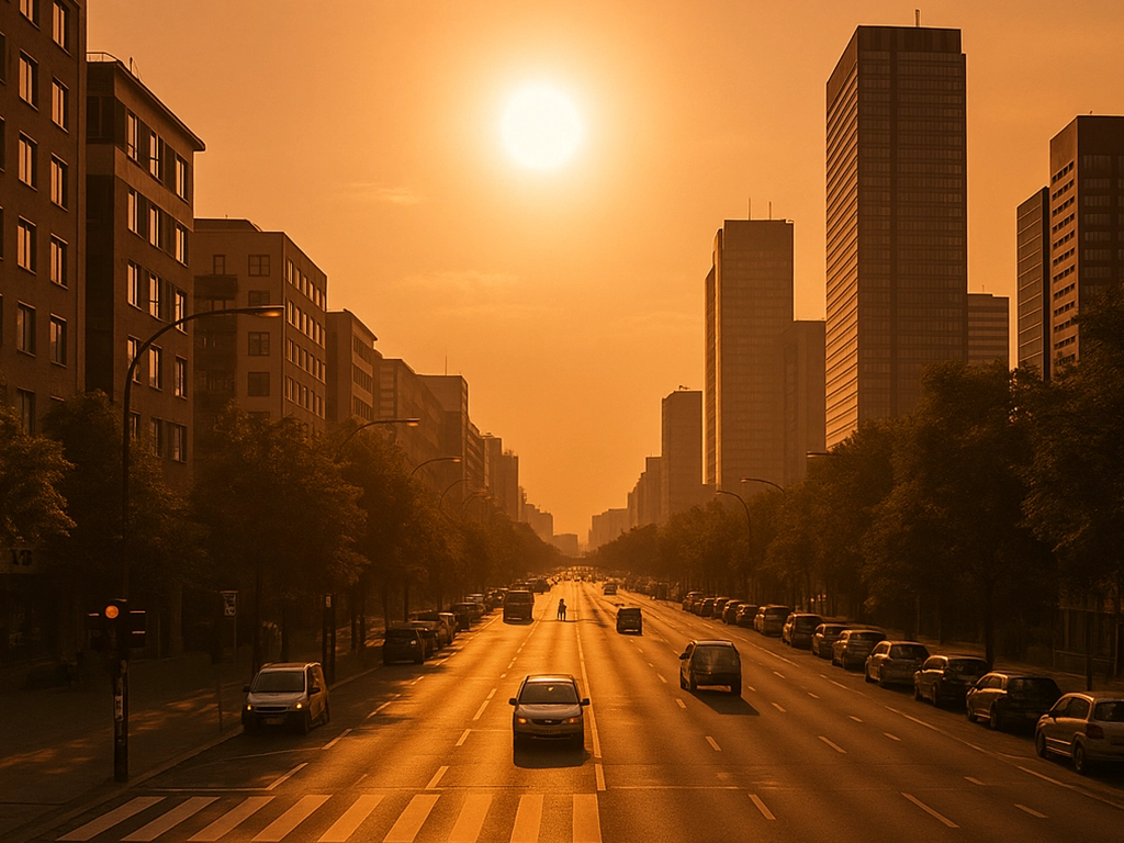 Sunset over a major city street illustrating the impact of urban heat islands due to climate change. Sunset over a major city street illustrating the impact of urban heat islands due to climate change.