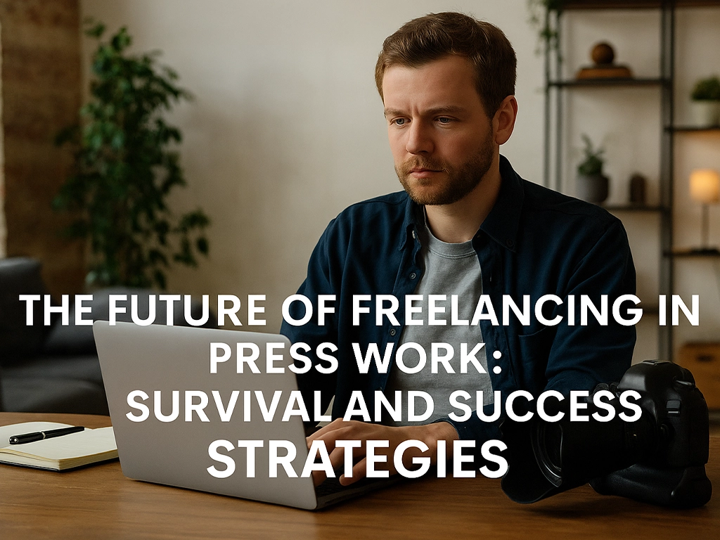 Freelance journalist working from home, typing on laptop with camera beside him — symbolizes digital freelance press work