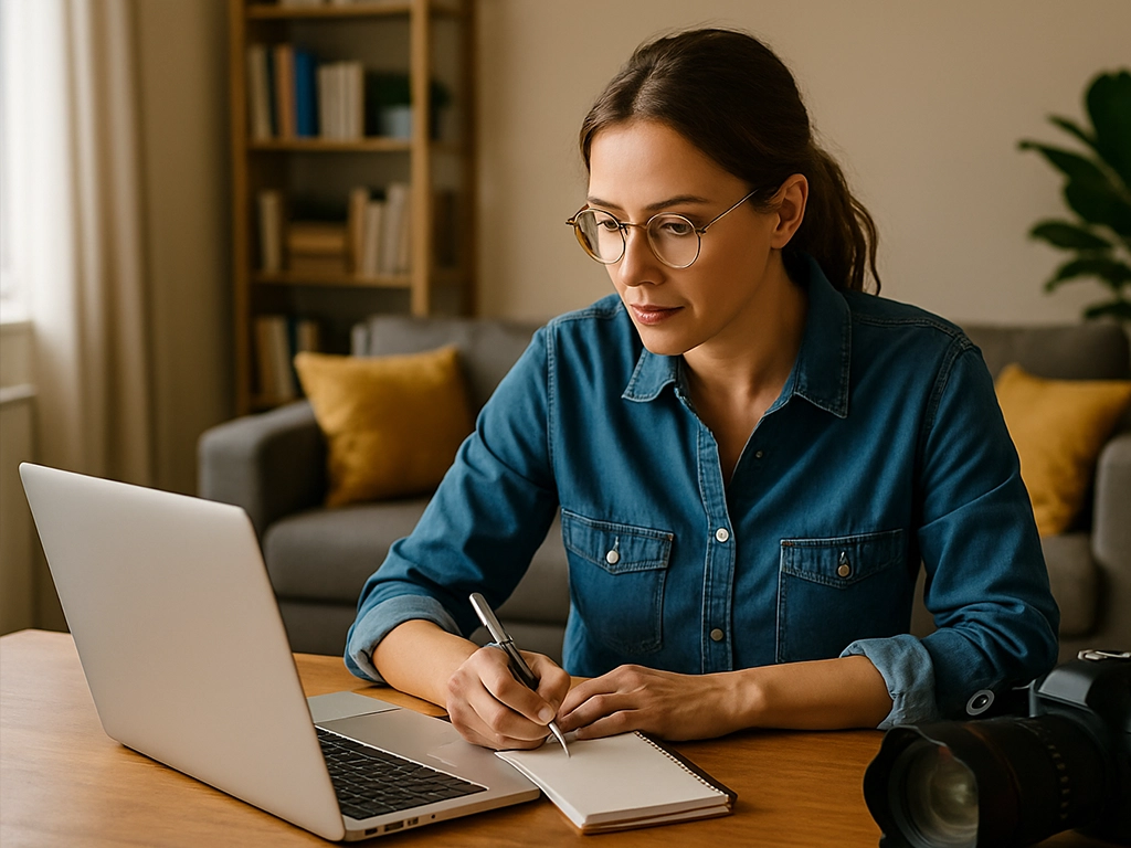 Female journalist taking notes while researching on laptop at home — representing modern freelance reporting routines