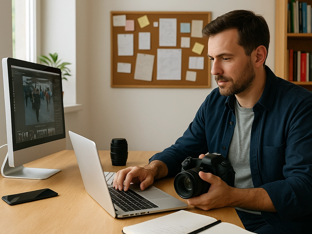 Press photographer editing images on computer in home office — adapting to digital workflows in freelance journalism