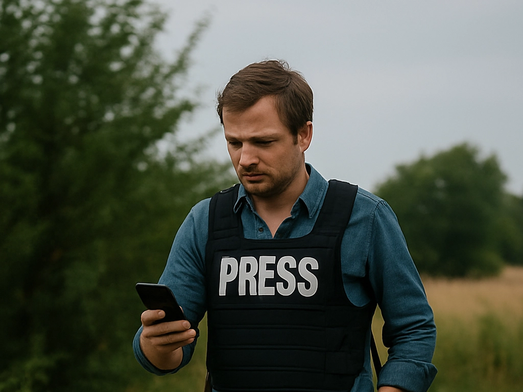 Freelance journalist wearing press vest, checking news updates outdoors — mobile reporting in changing environments