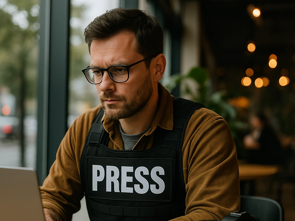 Journalist in café wearing press vest, working on laptop — symbolizing flexible and mobile freelance work culture