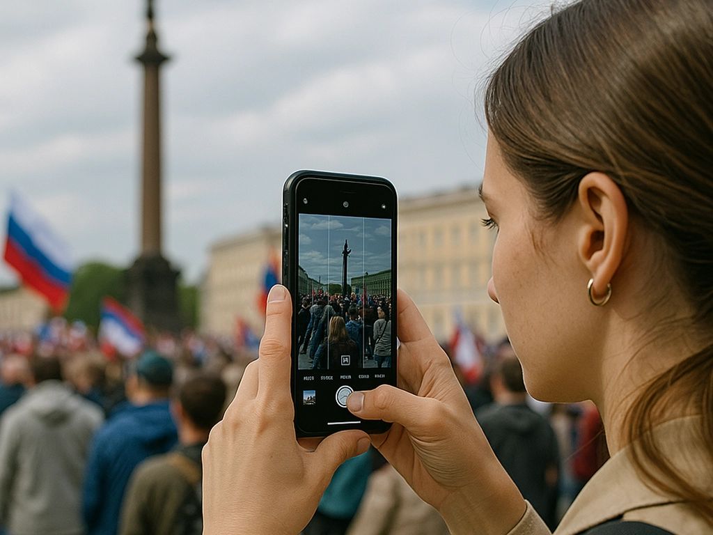 Female journalist using her smartphone to photograph a public protest with waving flags and a city square in the background Female journalist using her smartphone to photograph a public protest with waving flags and a city square in the background