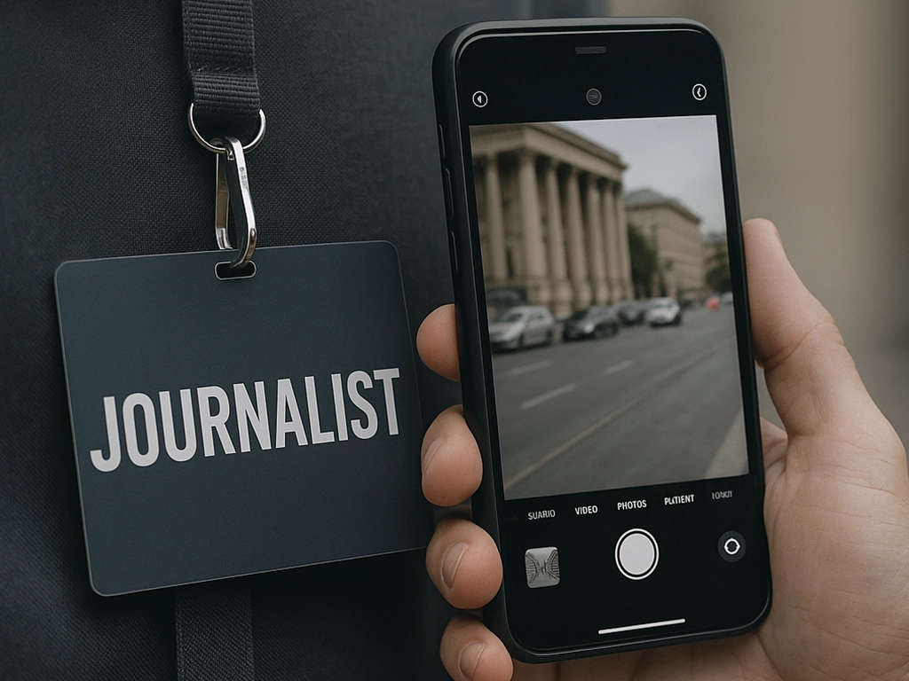 A smartphone photographing a government-style building on a city street, with a visible press badge labeled “Journalist” A smartphone photographing a government-style building on a city street, with a visible press badge labeled “Journalist”