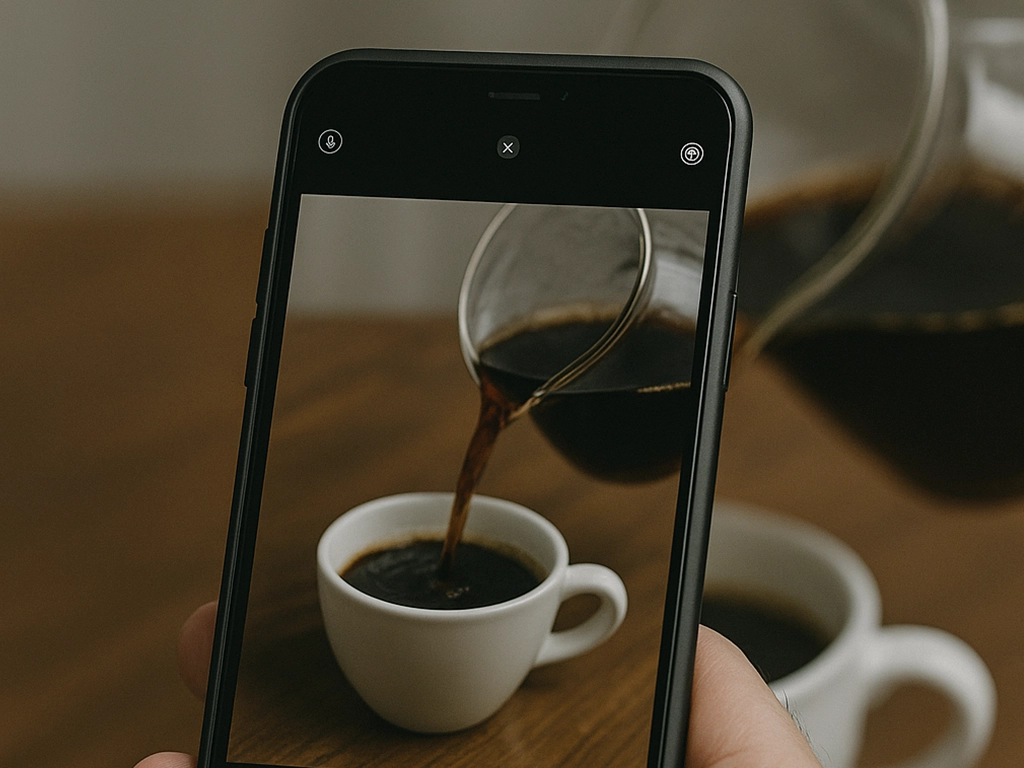 A smartphone capturing a close-up of coffee being poured into a white cup, emphasizing everyday object photography A smartphone capturing a close-up of coffee being poured into a white cup, emphasizing everyday object photography