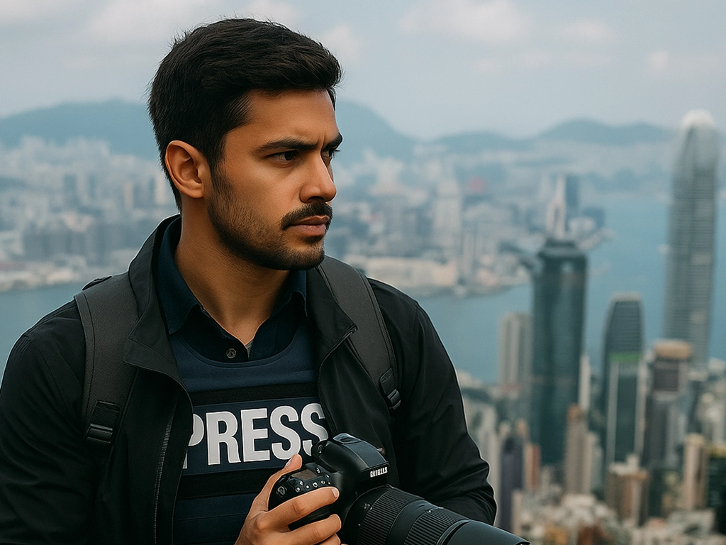 A male journalist wearing a press vest and holding a professional camera, overlooking a modern international city skyline. A male journalist wearing a press vest and holding a professional camera, overlooking a modern international city skyline.