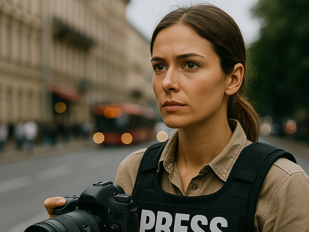 A female journalist in a protective press vest holding a camera on a busy city street, ready to report breaking news. A female journalist in a protective press vest holding a camera on a busy city street, ready to report breaking news.