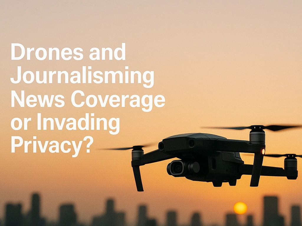 A close-up of a drone flying over a city at sunset, symbolizing the intersection of technology and journalism.