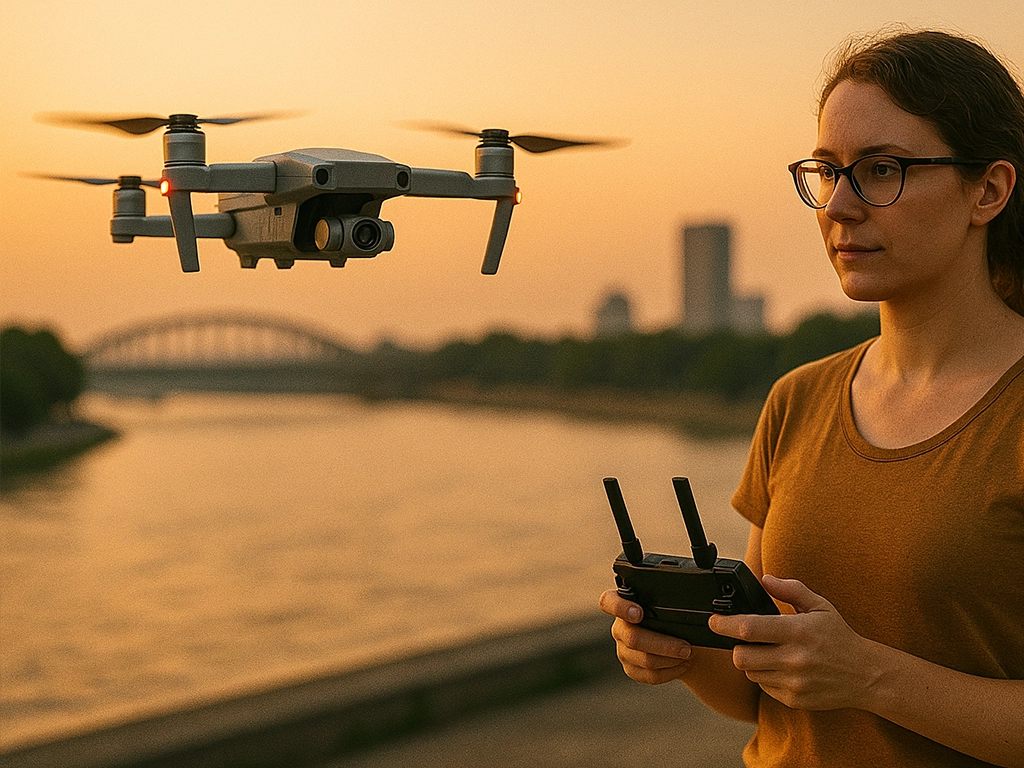 A female journalist operating a drone near a river during golden hour, illustrating modern reporting methods. A female journalist operating a drone near a river during golden hour, illustrating modern reporting methods.