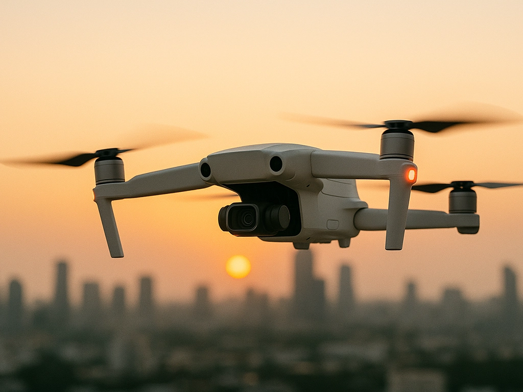 A white drone flying above a city skyline at sunset, representing aerial news coverage. A white drone flying above a city skyline at sunset, representing aerial news coverage.