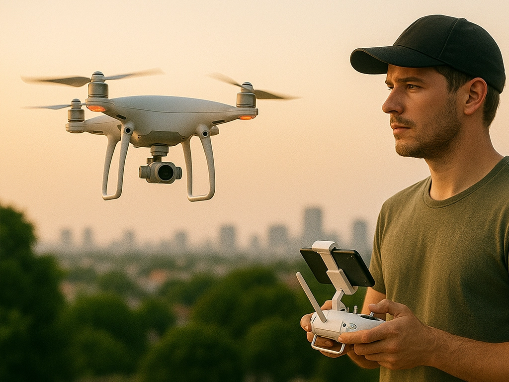A male journalist controlling a drone with a remote at dusk, capturing footage for news coverage. A male journalist controlling a drone with a remote at dusk, capturing footage for news coverage.