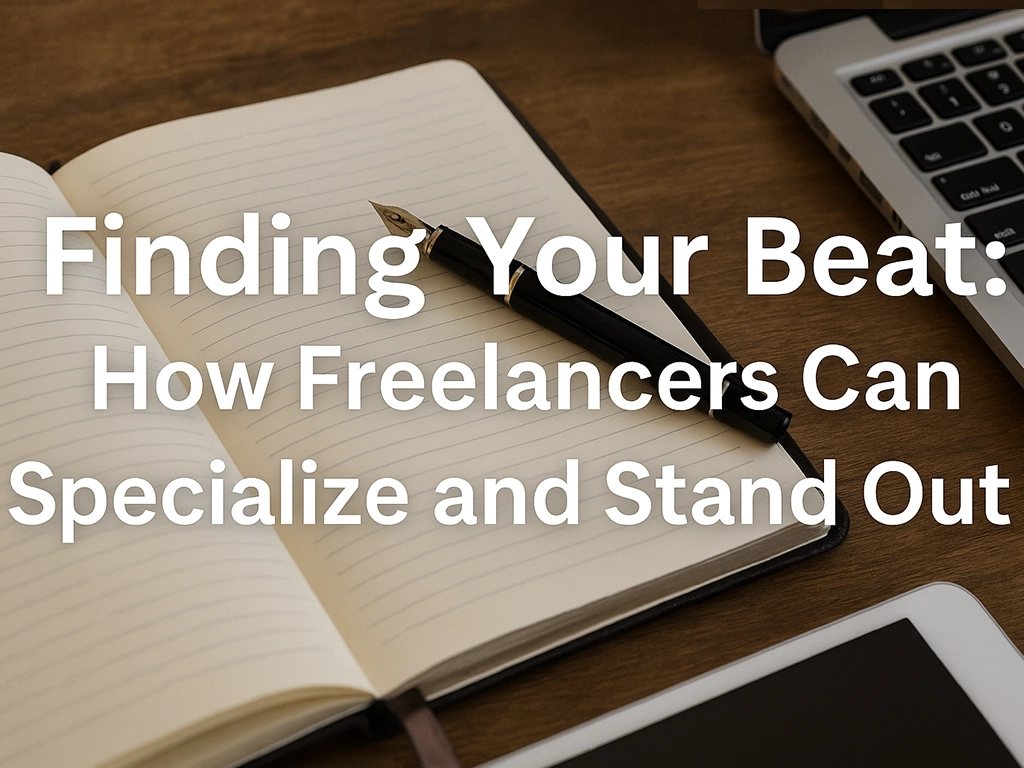 Open notebook with pen on desk beside laptop representing freelance journalists finding their beat