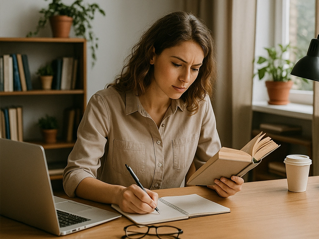 Female freelance journalist reading a book and taking notes at desk while developing her niche