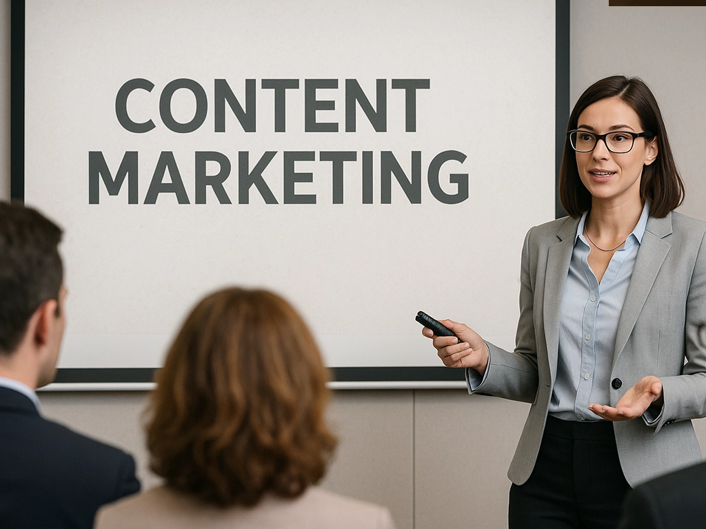 Professional woman giving presentation on content marketing and specialization in journalism