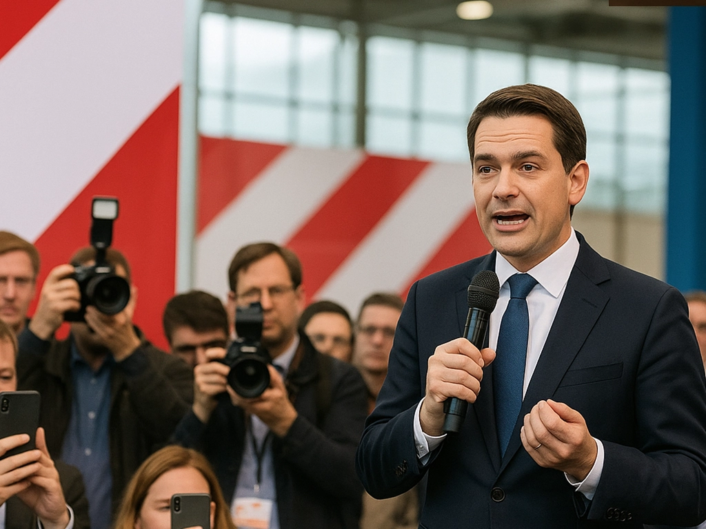 Male journalist speaking into microphone at press event surrounded by photographers