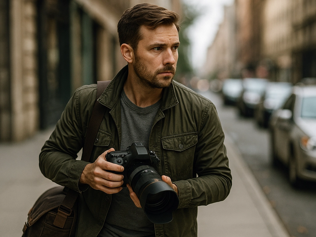 Male photojournalist holding a camera while walking on a city street ready for news coverage Male photojournalist holding a camera while walking on a city street ready for news coverage