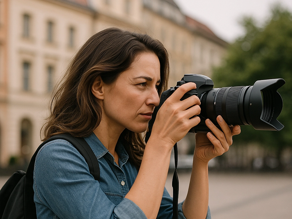 Female press photographer focusing her camera lens during a photojournalism assignment in an urban area Female press photographer focusing her camera lens during a photojournalism assignment in an urban area