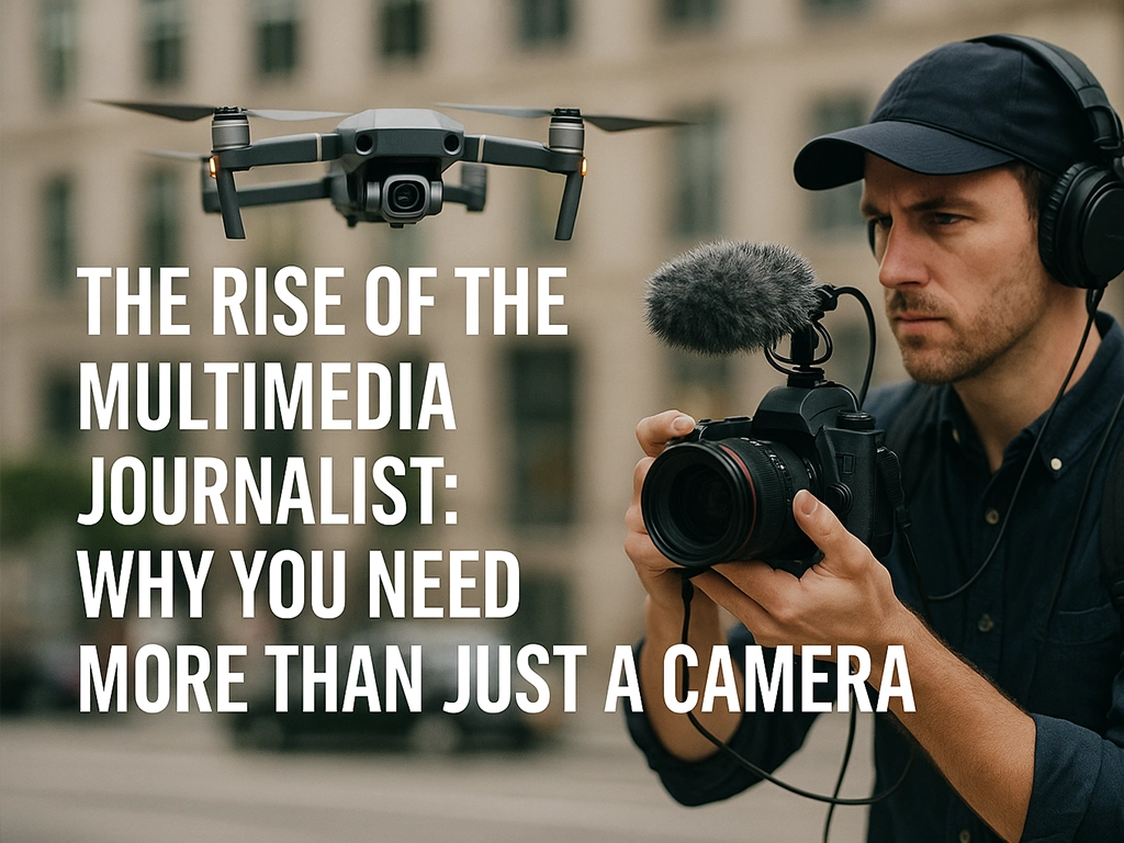 A multimedia journalist operating a camera with a drone hovering in front, representing modern cross-platform reporting.