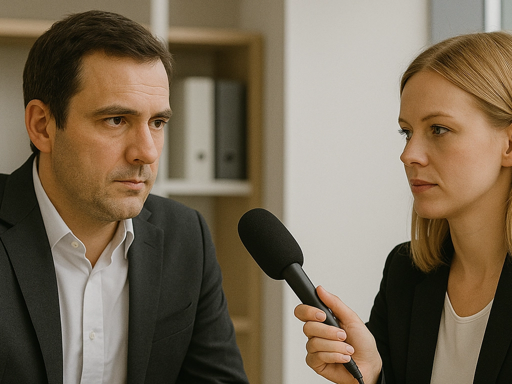 Female journalist conducting an interview with a male professional using a handheld microphone.