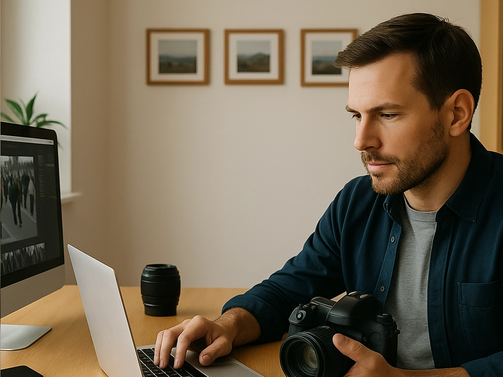Male multimedia journalist editing photos on a laptop while holding a camera in a modern workspace.