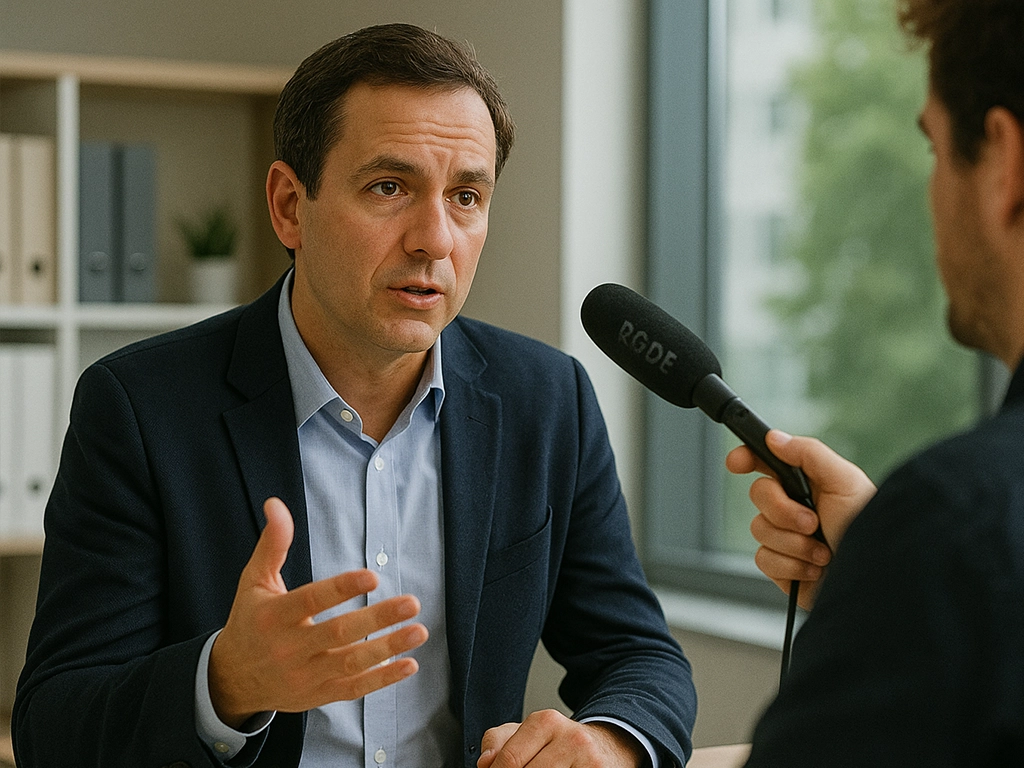 Reporter interviewing a business professional in an office environment with a microphone.