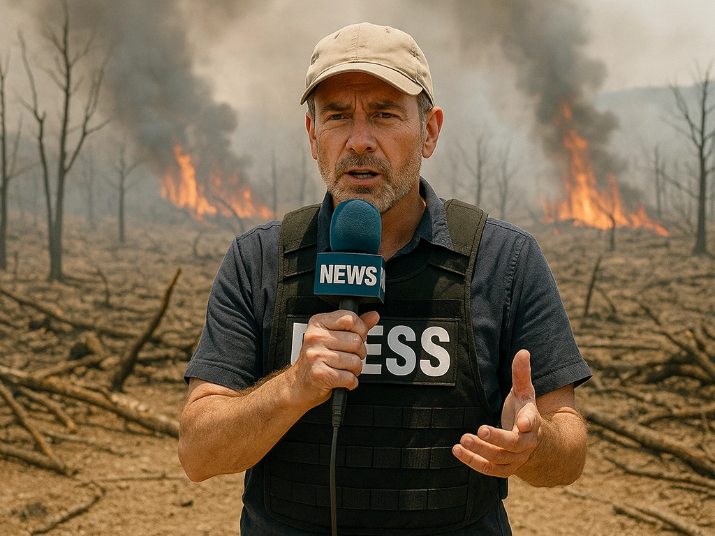 Reporter with press vest covering wildfire destruction on the frontlines