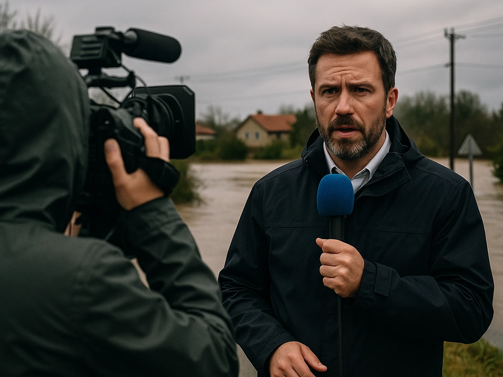 News journalist reporting from a flooded area during climate disaster