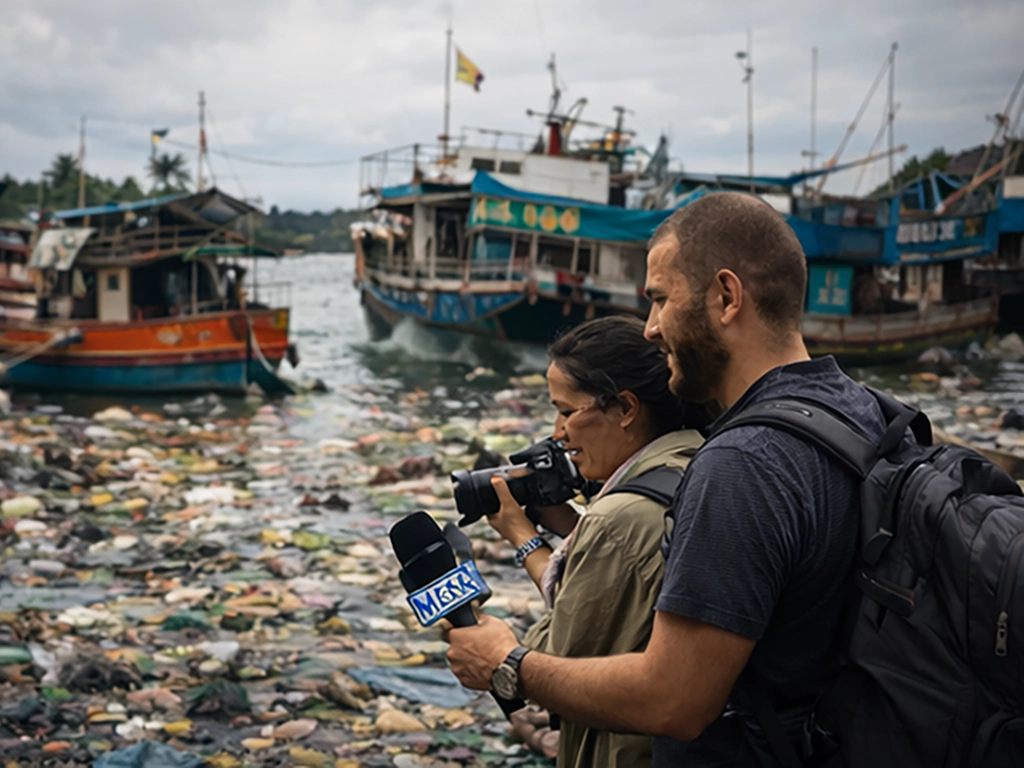 Photojournalists documenting environmental pollution at a harbor, highlighting investigative visual storytelling in environmental journalism