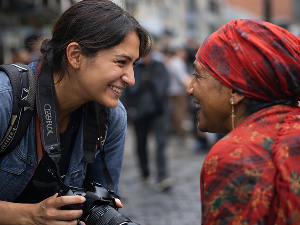 Photojournalist engaging in conversation with a local woman, emphasizing trust, empathy, and human connection in documentary photography