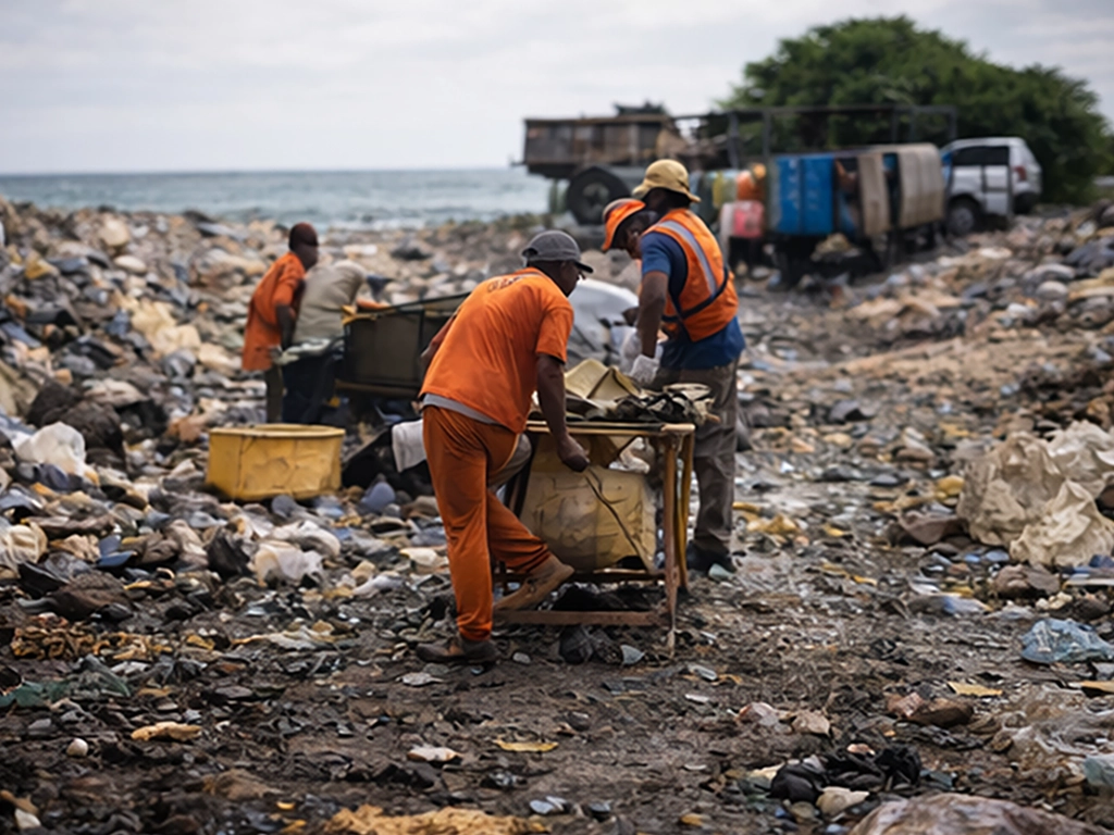 Workers sorting waste near the coastline, illustrating long-term environmental documentation and social responsibility in visual journalism