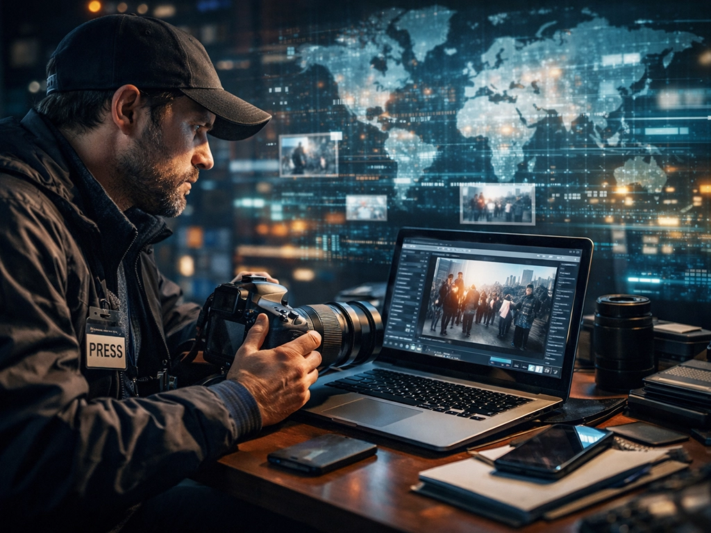 Professional photographer adding copyright and IPTC metadata to photo using tablet device