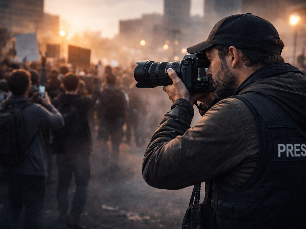 Press photographer reviewing images on laptop with global digital network visualization background
