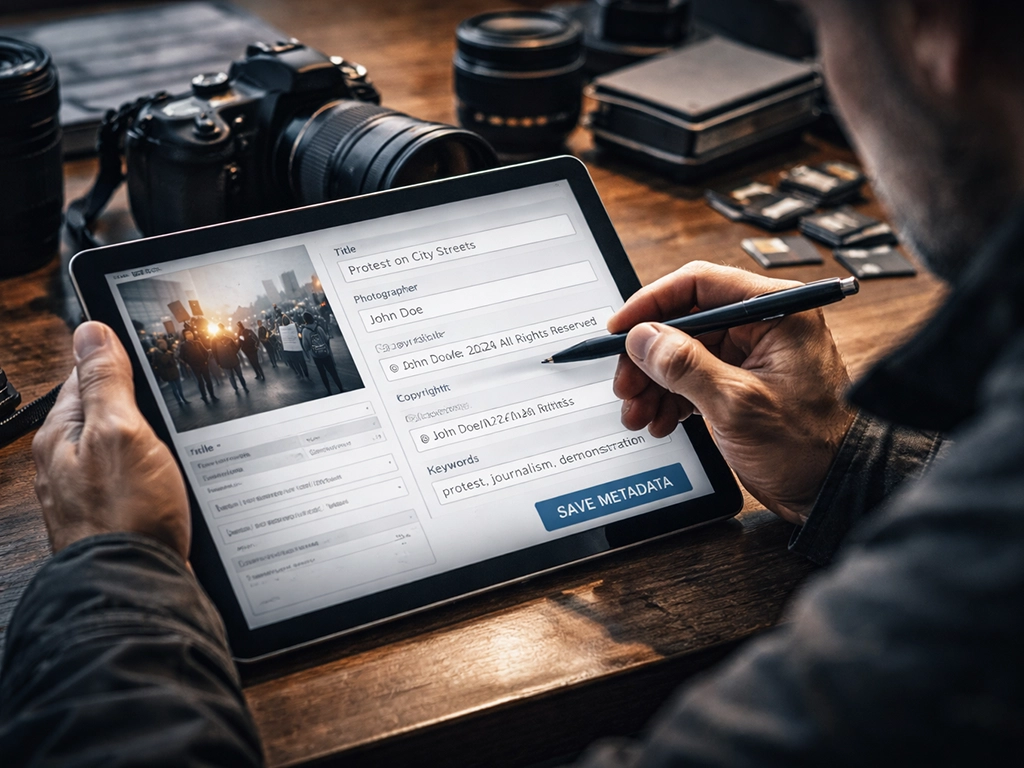Photojournalist documenting public demonstration at sunset while wearing press identification
