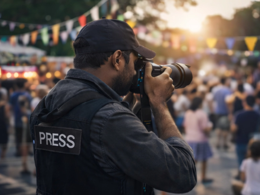 Photographer documenting a local festival with crowd in background