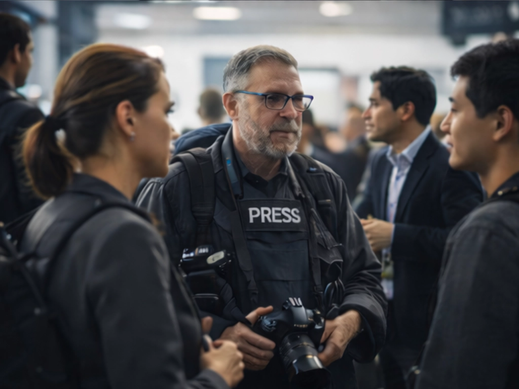 Journalists and photographers discussing assignments at media event