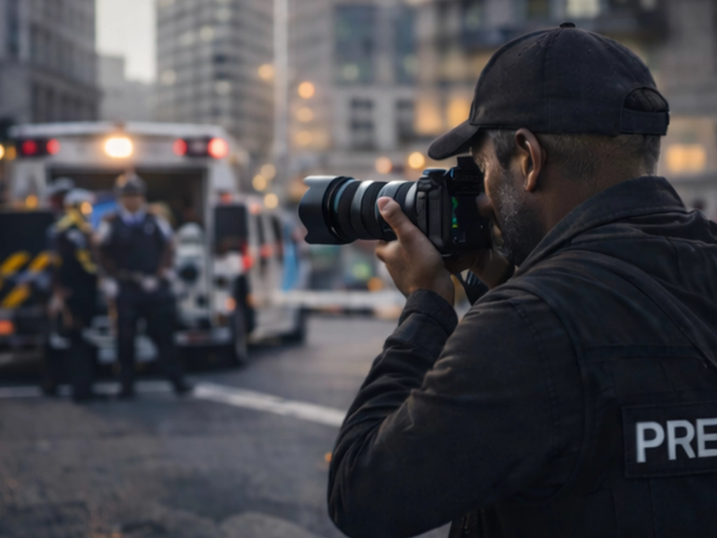 Photojournalist documenting emergency scene in city environment