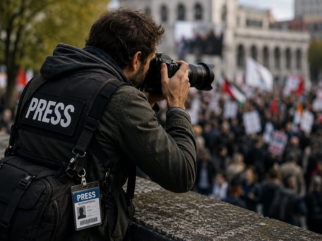 Photojournalist documenting large-scale protest during live assignment