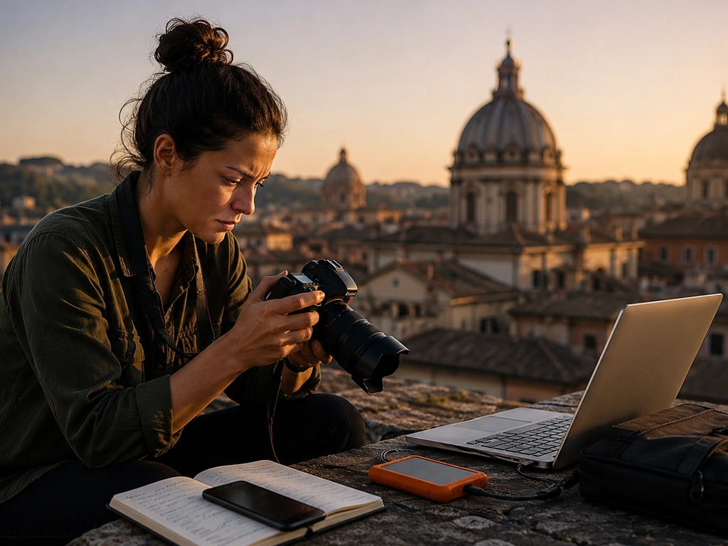 Independent photojournalist working on rooftop at sunset with camera equipment