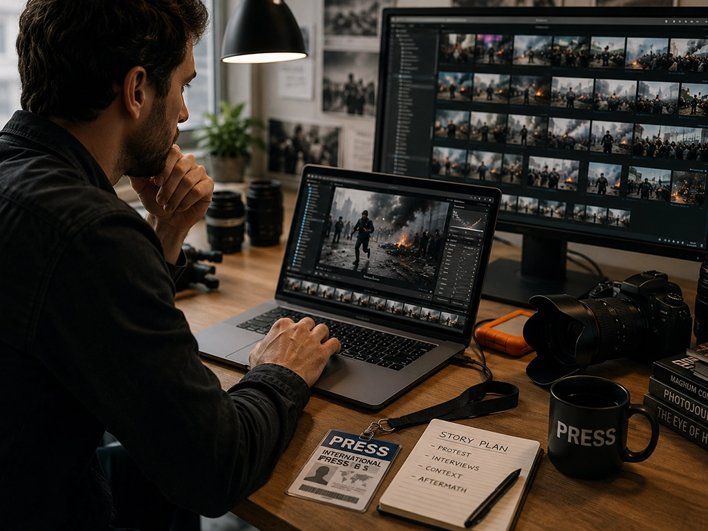 Freelance photojournalist editing reportage photos on professional workstation