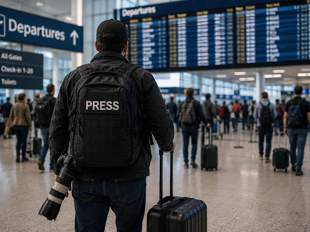 Independent journalist preparing for international media assignment at airport