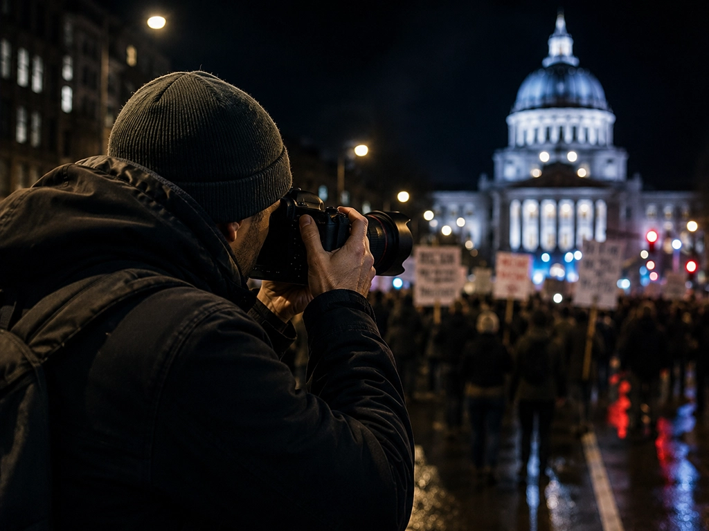 Press photographer shooting a night-time protest outside a floodlit domed government building, with demonstrators holding signs on a wet street