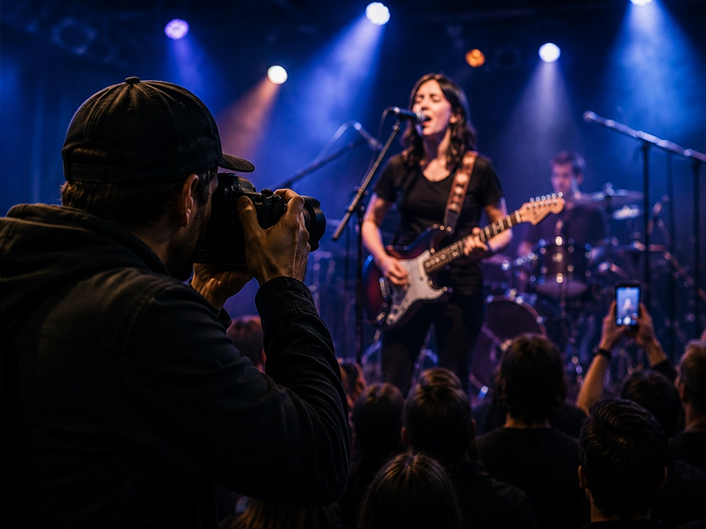 Photographer shooting a live band on a blue-lit stage from the crowd, with a singer and guitarist performing under coloured spotlights