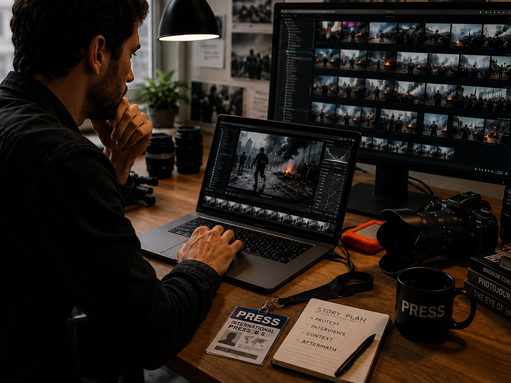 Press photographer reviewing and editing night protest photos on a laptop and external monitor, with a press pass, camera, lenses and a story-plan notebook on the desk