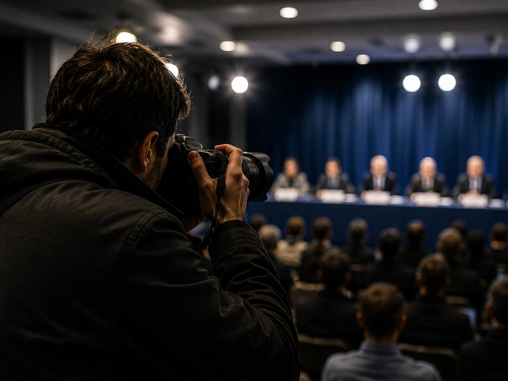 Press photographer photographing a panel of speakers at a dimly lit indoor press conference, seen from behind over the seated audience