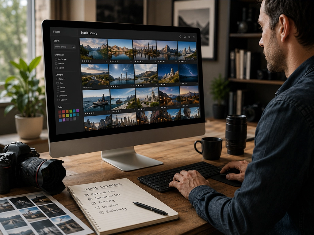 Photographer reviewing a stock library on a desktop monitor next to a notebook listing licensing terms such as editorial use, commercial use, territory, duration and exclusivity