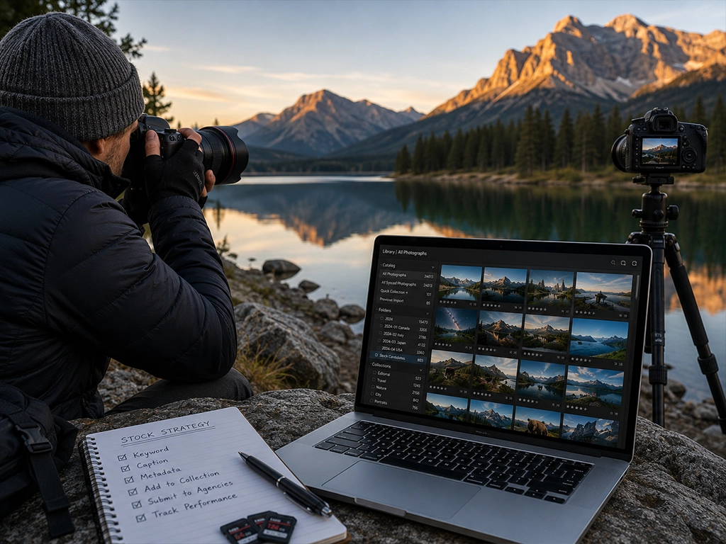Photographer shooting a mountain lake at sunrise beside a laptop showing a catalogue of images and a notebook with a stock strategy checklist